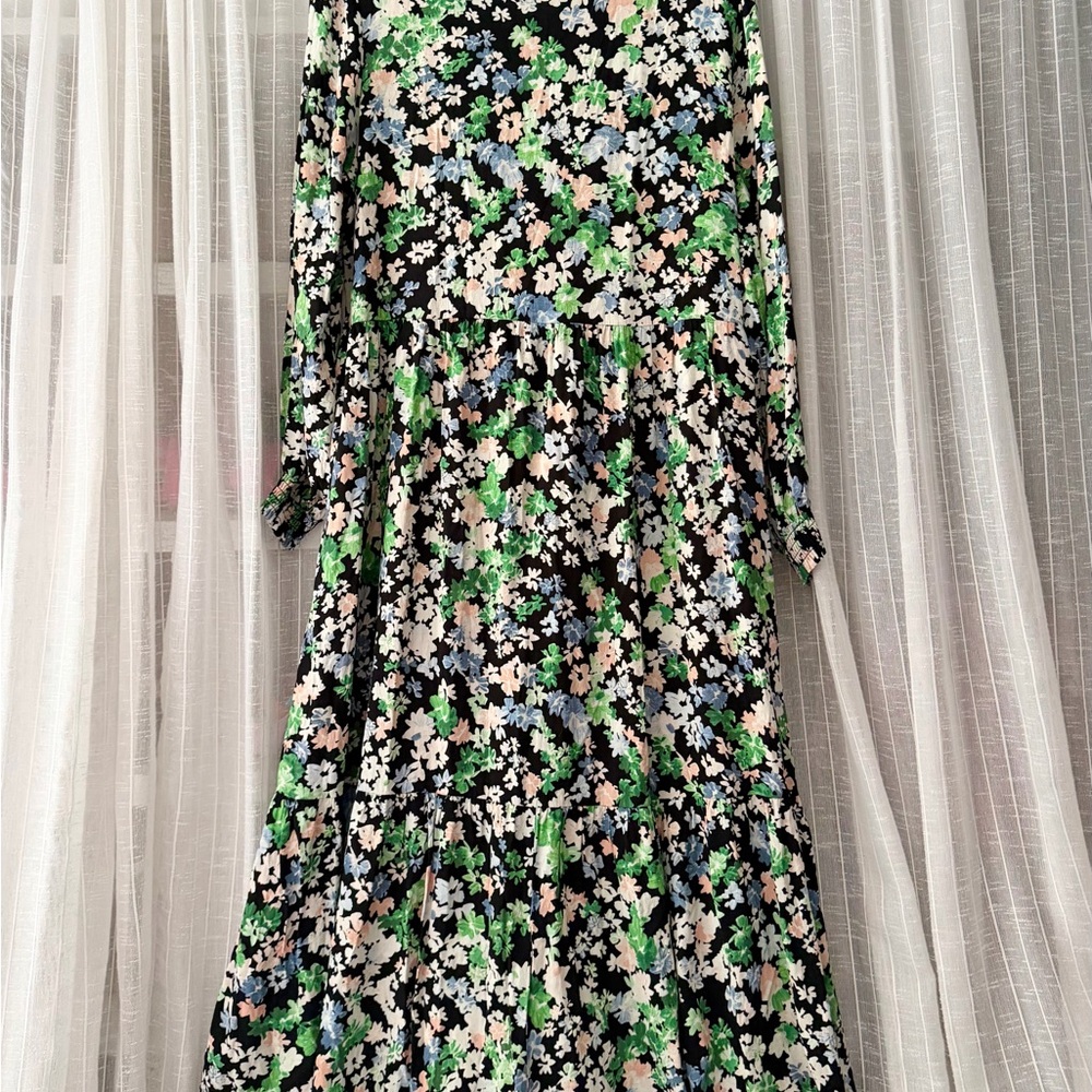 H&M Black Maxi Dress with Green and Pastel Floral Print